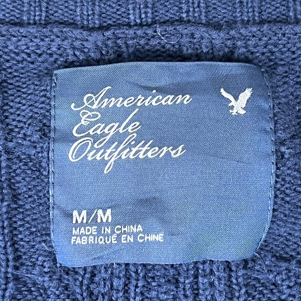 Y2K American Eagle Navy Blue Cable Knit V-Neck Sweater Womens Medium Snatched - Picture 4 of 8